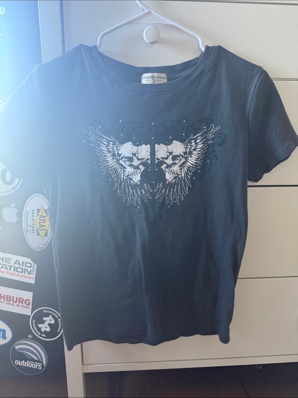 Women Black Graphic Tee with Skull Wings